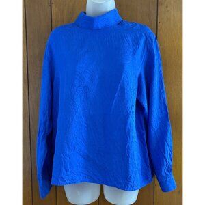 VTG Rafaella Blouse Womens Blue 12 Silk Button Back‎ High Neck Business Classic